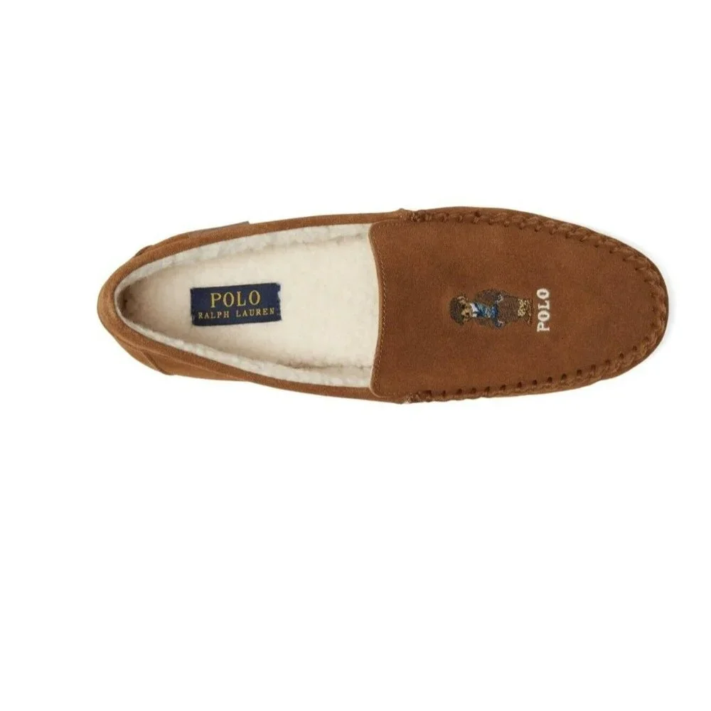 Polo Ralph Lauren Collins Bear Suede Memory Foam Moccasin Slippers BROWN - Picture 2 of 7